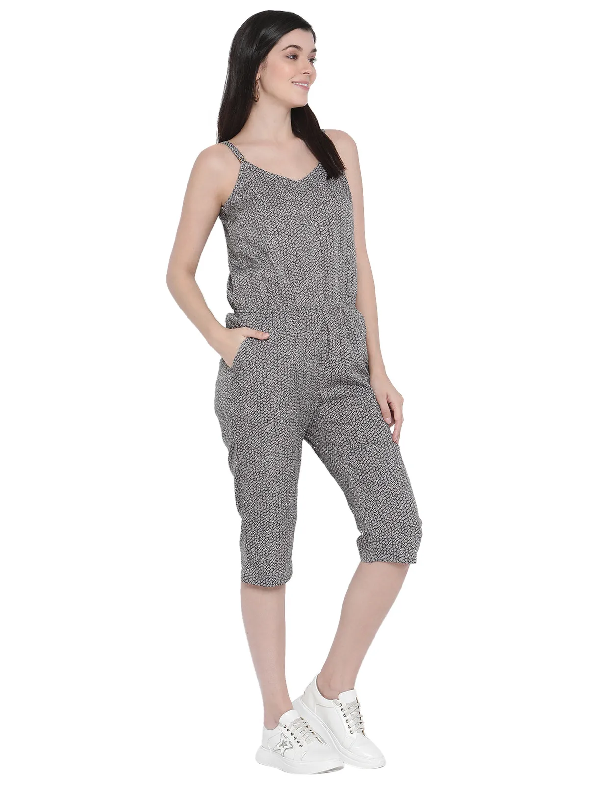 Porsorte Womens Spagetti Straps Poly Crepe Grey Printed Cullotes Jumpsuit