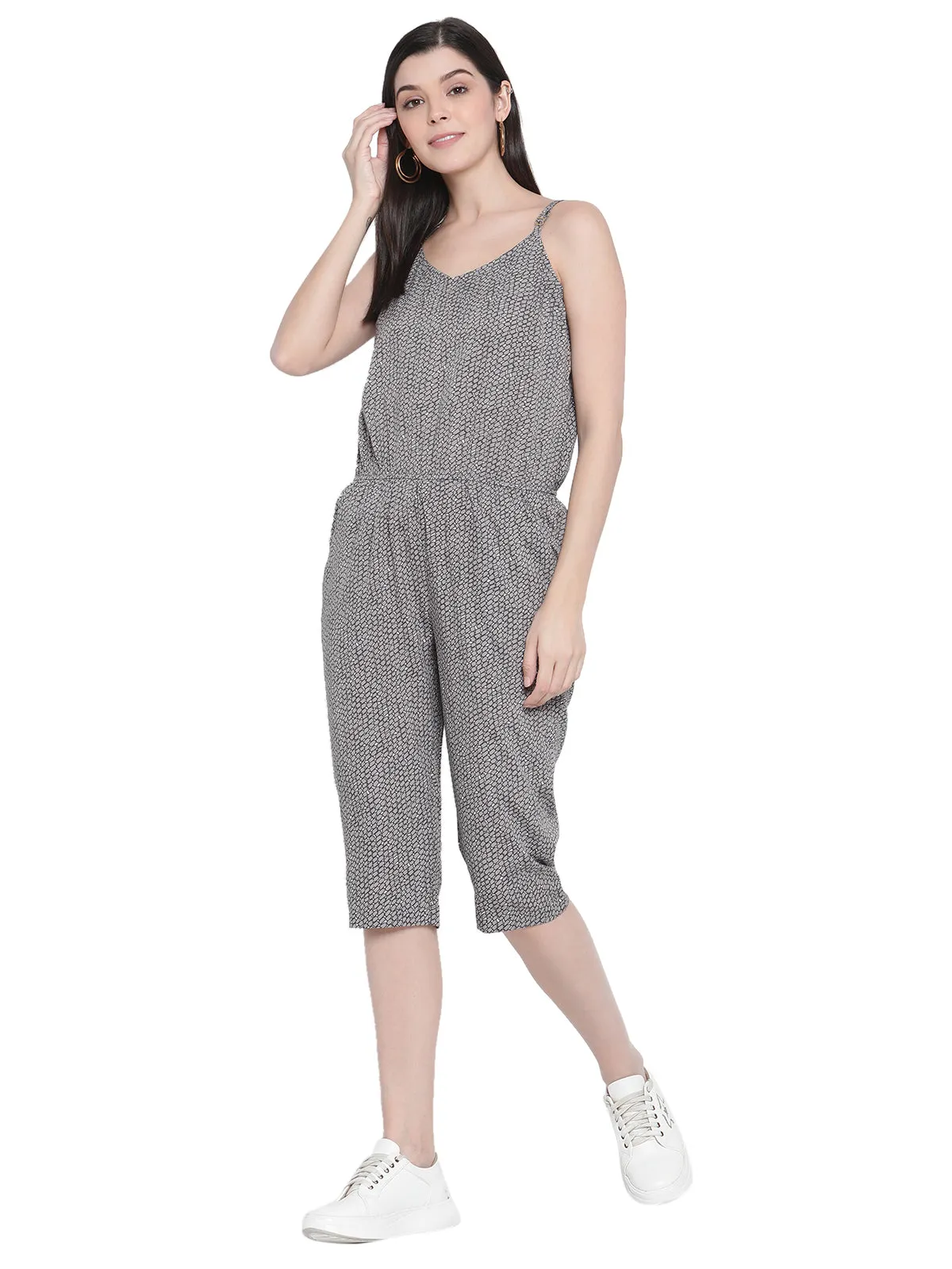 Porsorte Womens Spagetti Straps Poly Crepe Grey Printed Cullotes Jumpsuit