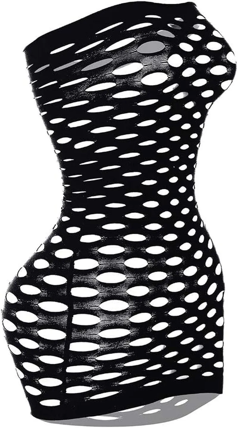 "Seductive Strapless Fishnet Mini Dress - Irresistible Tube Chemise Bodysuit for Unforgettable Nights"