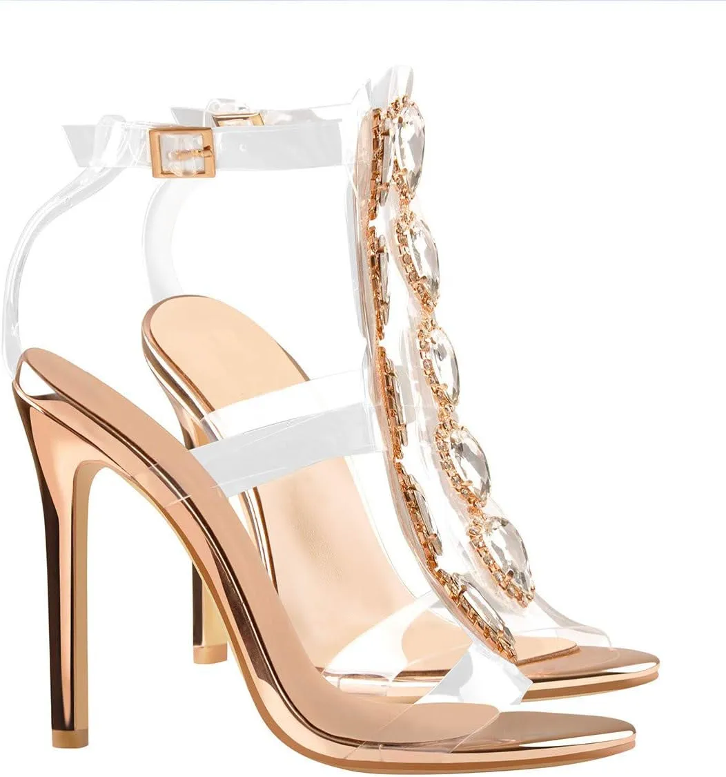 "Yolkomo Women's Stunning Rhinestone Clear Strappy Gladiator Stiletto Heels with Chic Ankle Strap"