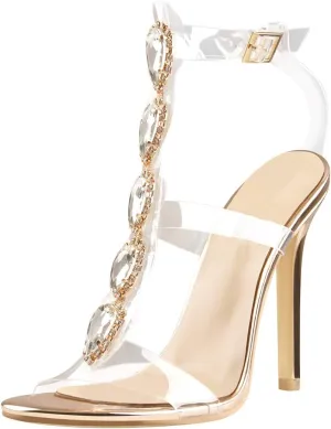 "Yolkomo Women's Stunning Rhinestone Clear Strappy Gladiator Stiletto Heels with Chic Ankle Strap"