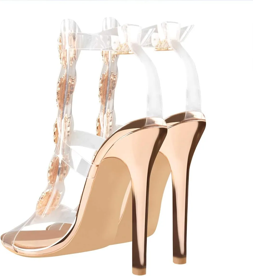 "Yolkomo Women's Stunning Rhinestone Clear Strappy Gladiator Stiletto Heels with Chic Ankle Strap"