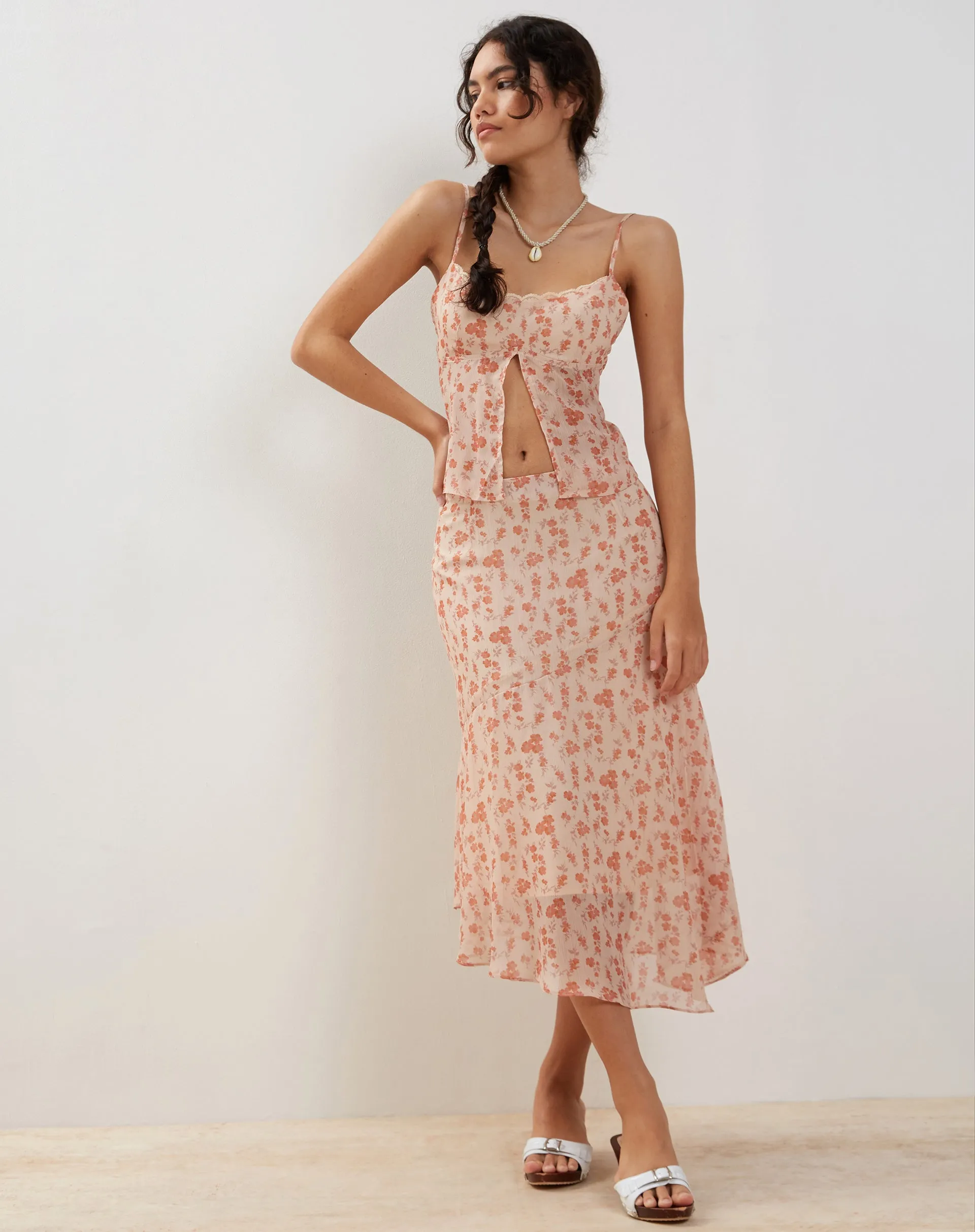 Rans Waterfall Hem Chiffon Midi Skirt in Peach Cherry Blossom