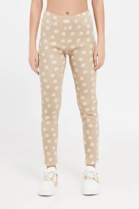 Senior Girls Beige And White Floral Rib Leggings