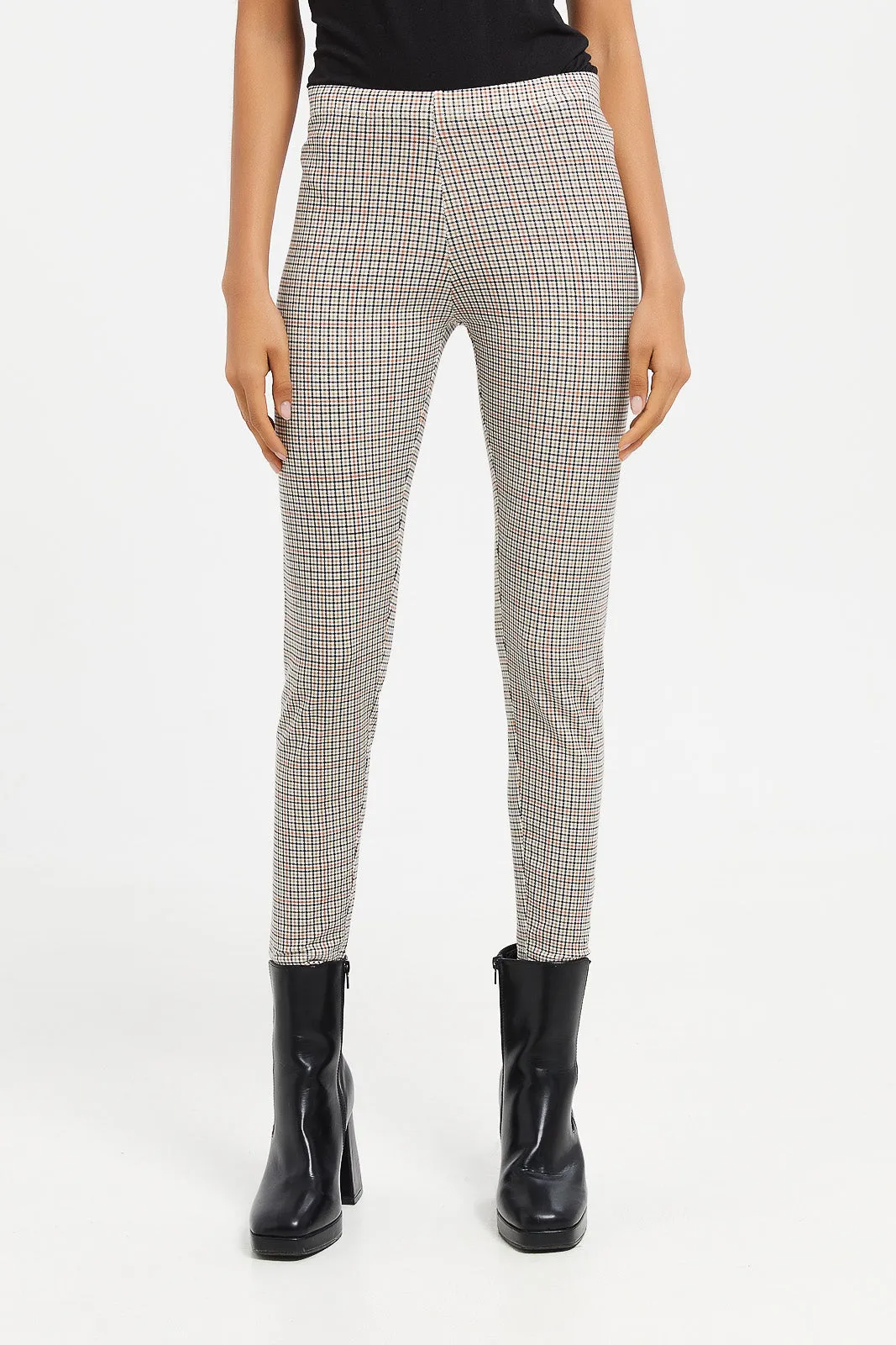 Senior Girls Beige Checkered Leggings