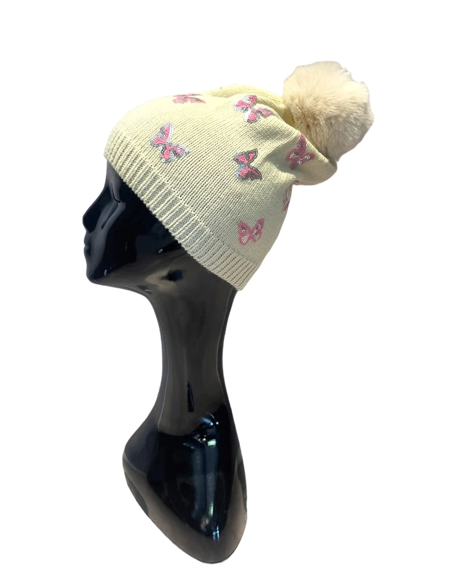 SEQUIN BUTTERFLY POMPOM BEIGE BEANIE