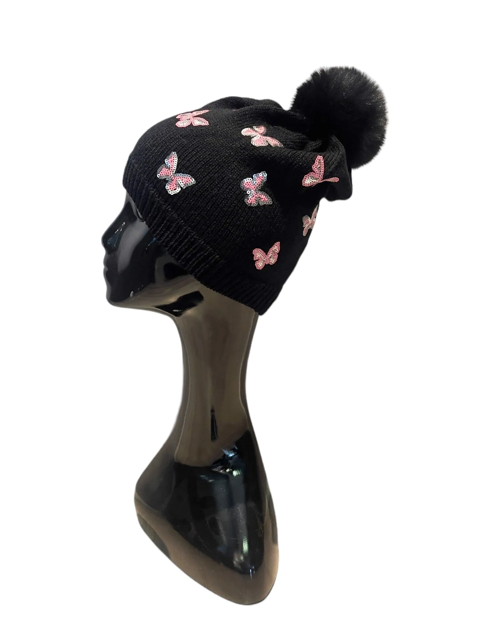 SEQUIN BUTTERFLY POMPOM BLACK BEANIE