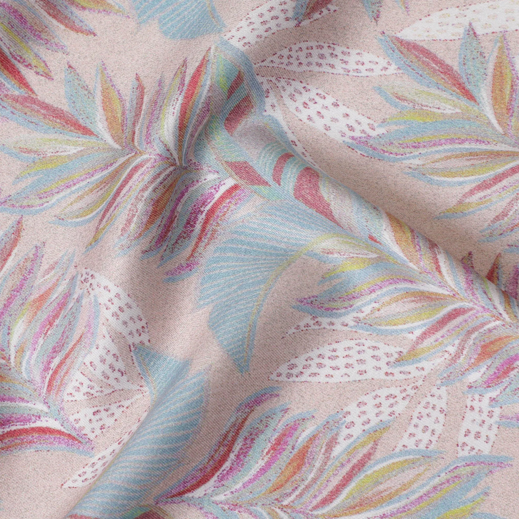 Soft Beige with Multicolor Feather Print Cotton Satin Fabric, 110 cm Width-20067