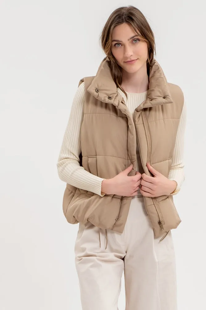 Solid Zip Up Puffer Vest in Mocha by Blu Pepper