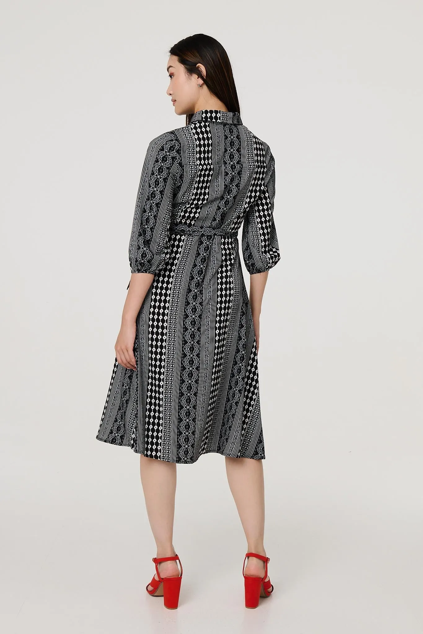 Striped 3/4 Sleeve Tie Waist Midi Shirt Dress