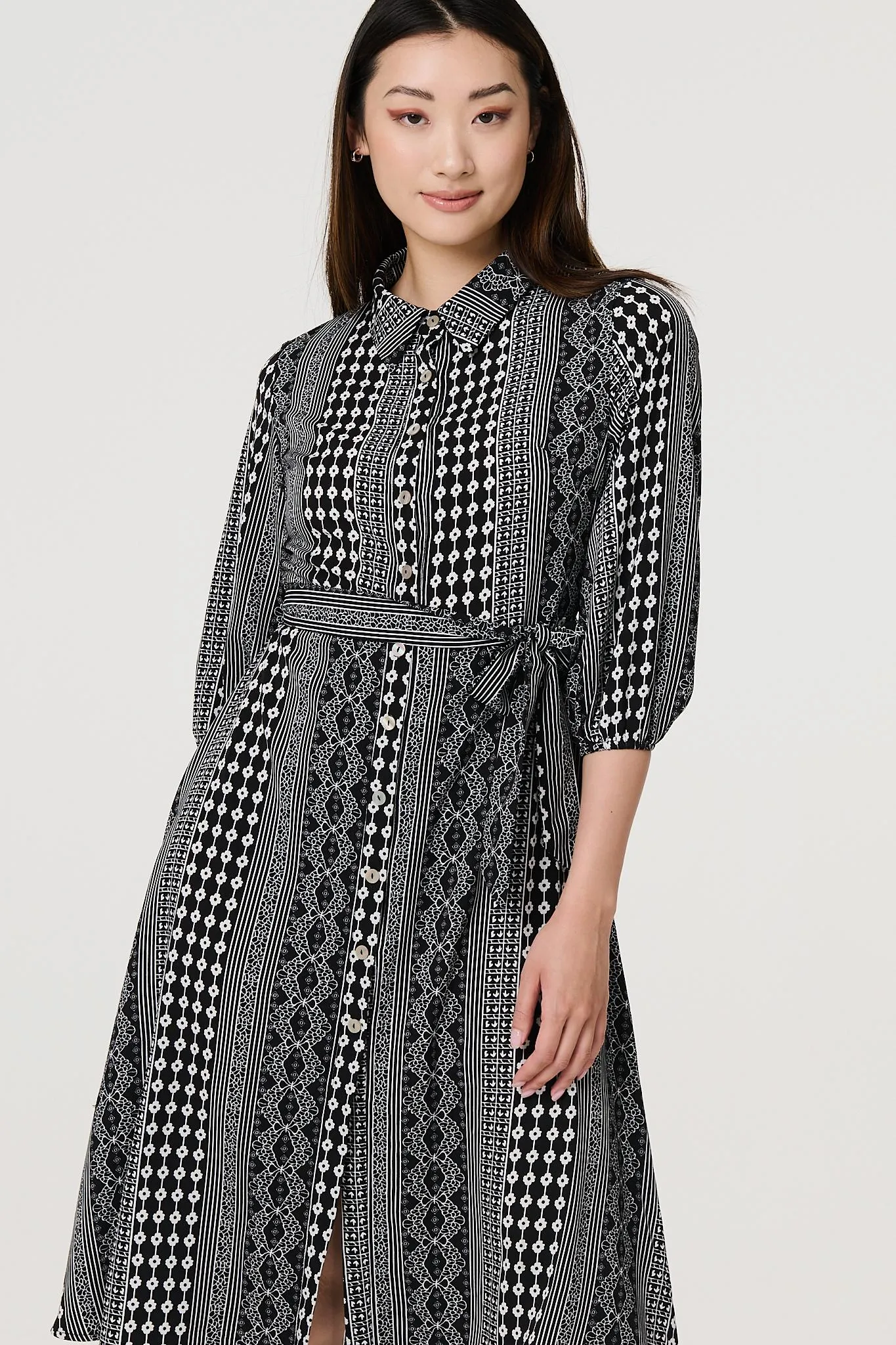 Striped 3/4 Sleeve Tie Waist Midi Shirt Dress