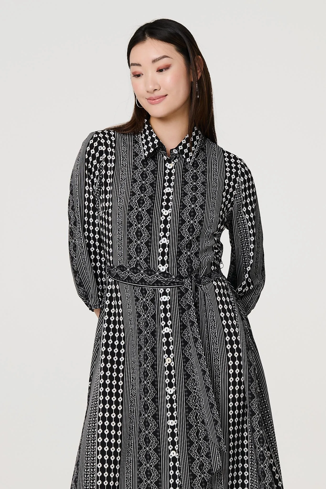 Striped 3/4 Sleeve Tie Waist Midi Shirt Dress