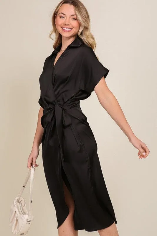 SURPLICE SATIN WRAP DRESS