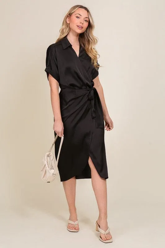 SURPLICE SATIN WRAP DRESS