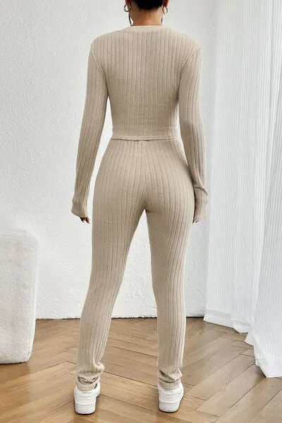 TEEK - Beige Ribbed Long Sleeve Cropped Top and Pants Set