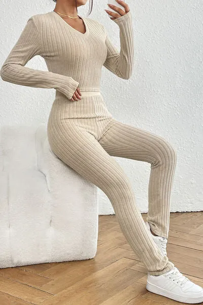 TEEK - Beige Ribbed Long Sleeve Cropped Top and Pants Set