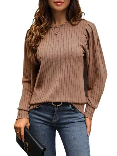 TEEK - Chestnut Ribbed Round Neck Long Sleeve Top