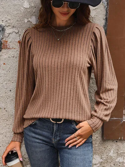 TEEK - Chestnut Ribbed Round Neck Long Sleeve Top