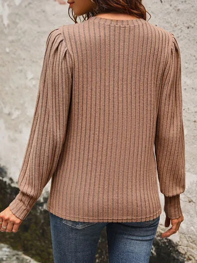 TEEK - Chestnut Ribbed Round Neck Long Sleeve Top