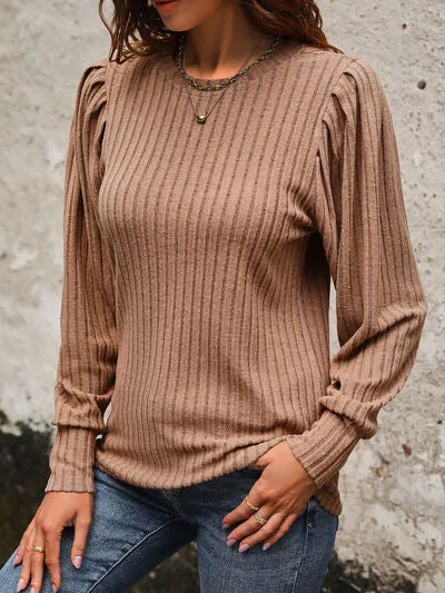 TEEK - Chestnut Ribbed Round Neck Long Sleeve Top