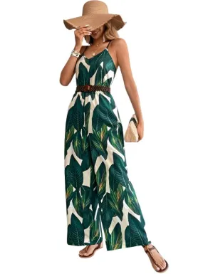 TEEK - Green Tropical Print Wide Leg Cami Jumpsuit