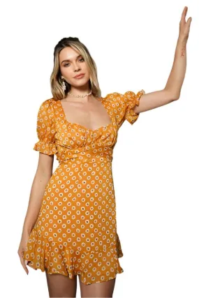 TEEK - Orange Flower Ruffle Puff Sleeved Dress