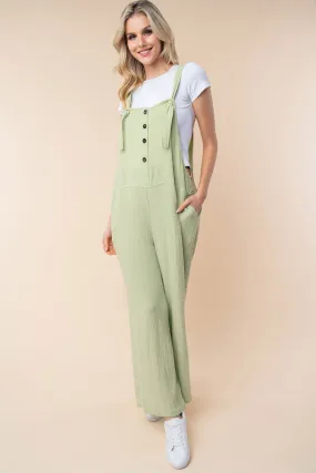 Texture Button Wide Leg Overall Jumpsuit