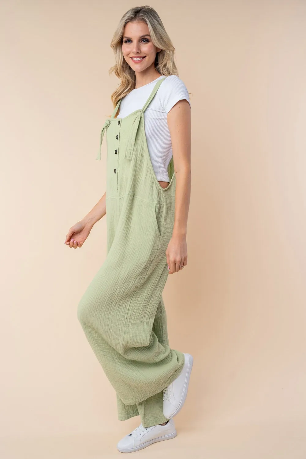 Texture Button Wide Leg Overall Jumpsuit