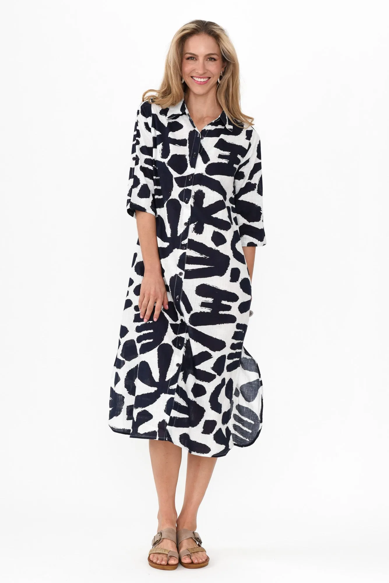 Tricia Navy Abstract Cotton Shirt Dress