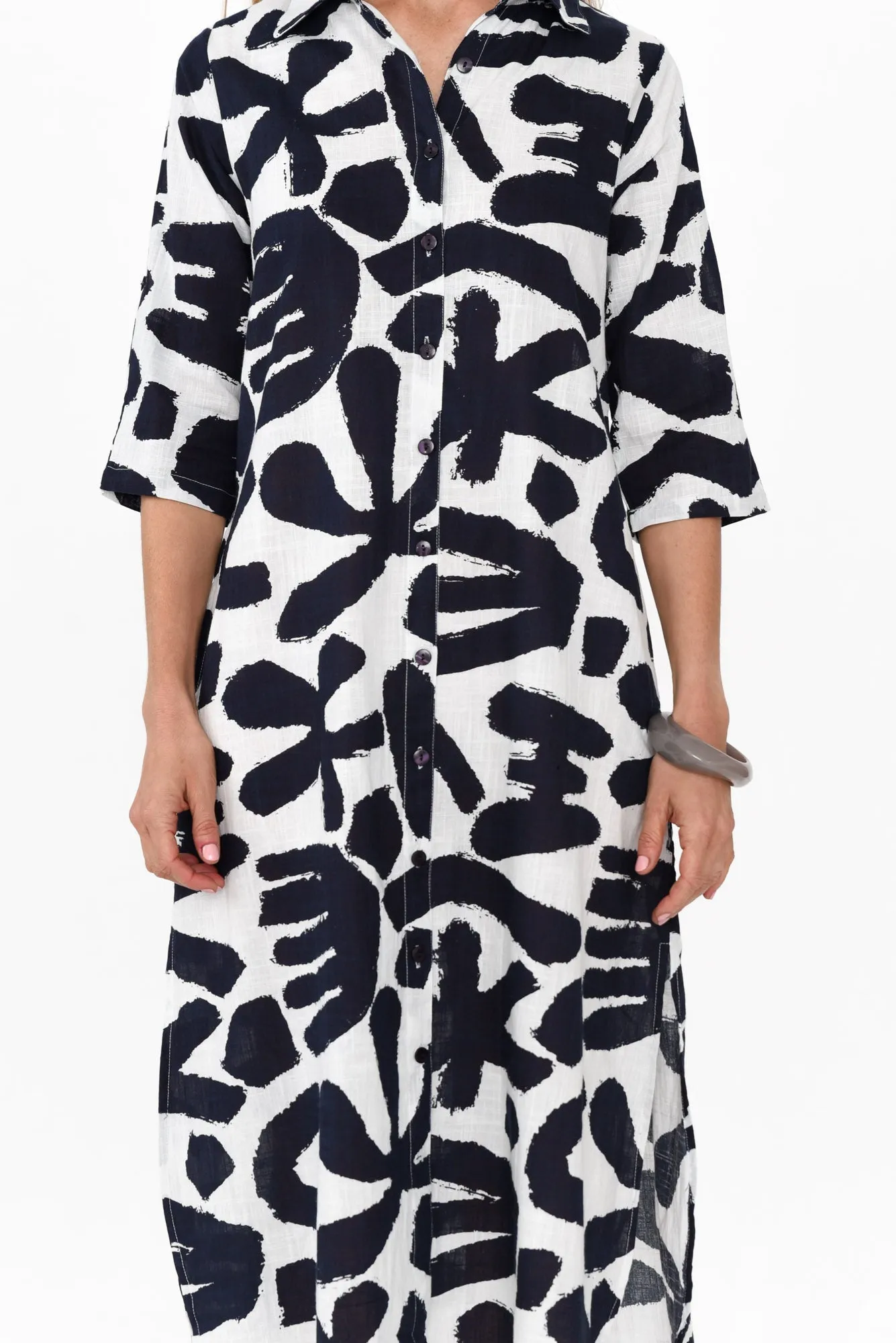 Tricia Navy Abstract Cotton Shirt Dress