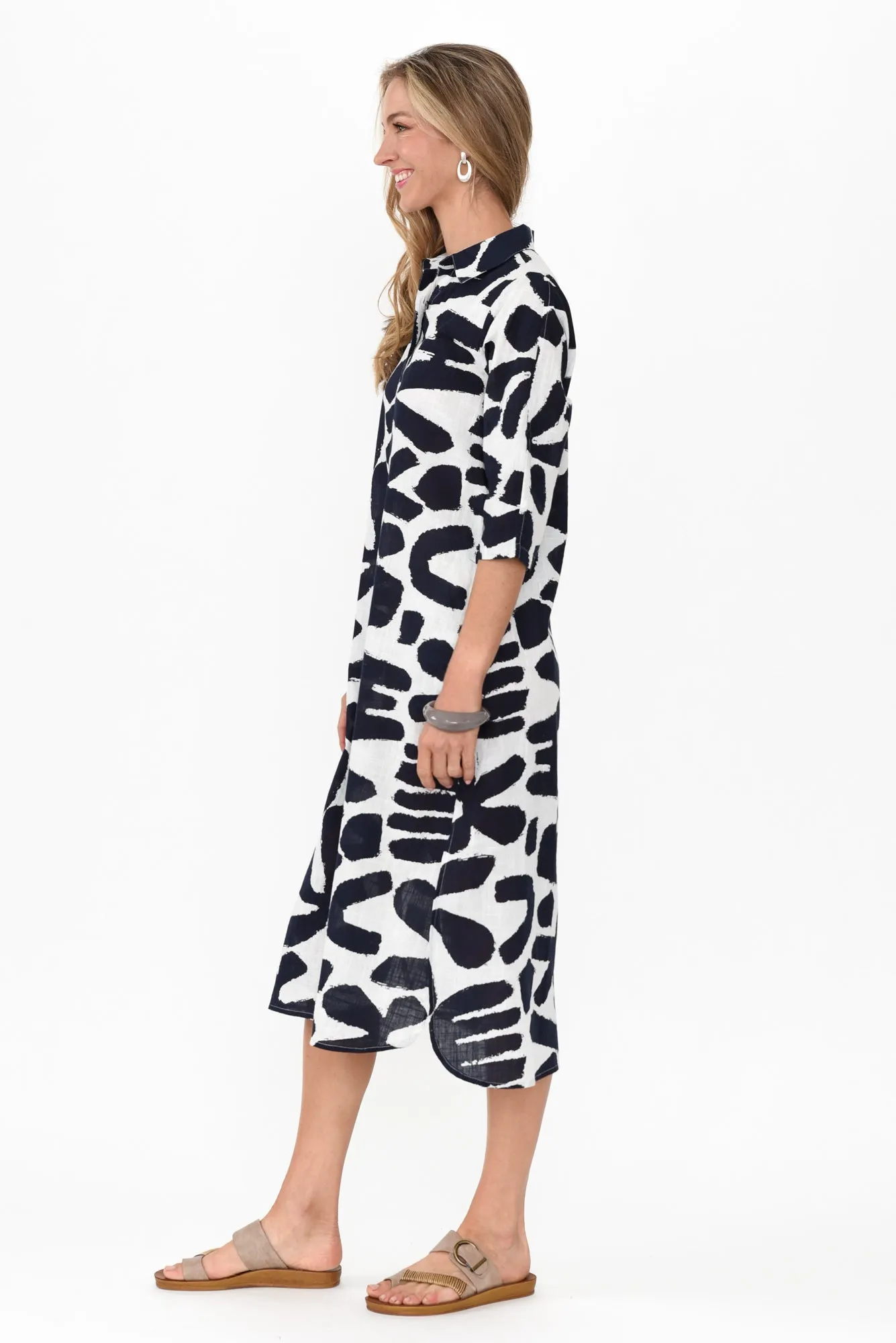 Tricia Navy Abstract Cotton Shirt Dress