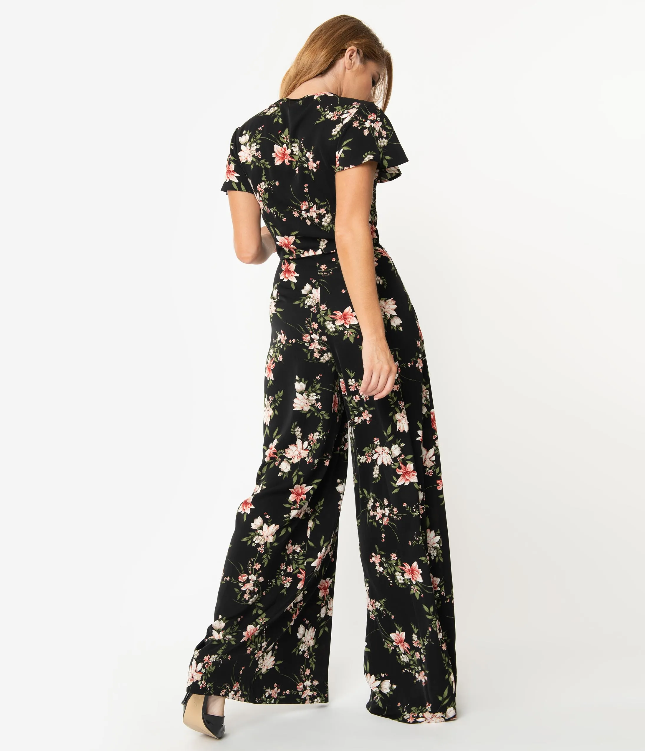 Unique Vintage 1960s Black & Pink Floral Orleans Jumpsuit