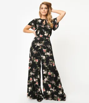 Unique Vintage 1960s Black & Pink Floral Orleans Jumpsuit