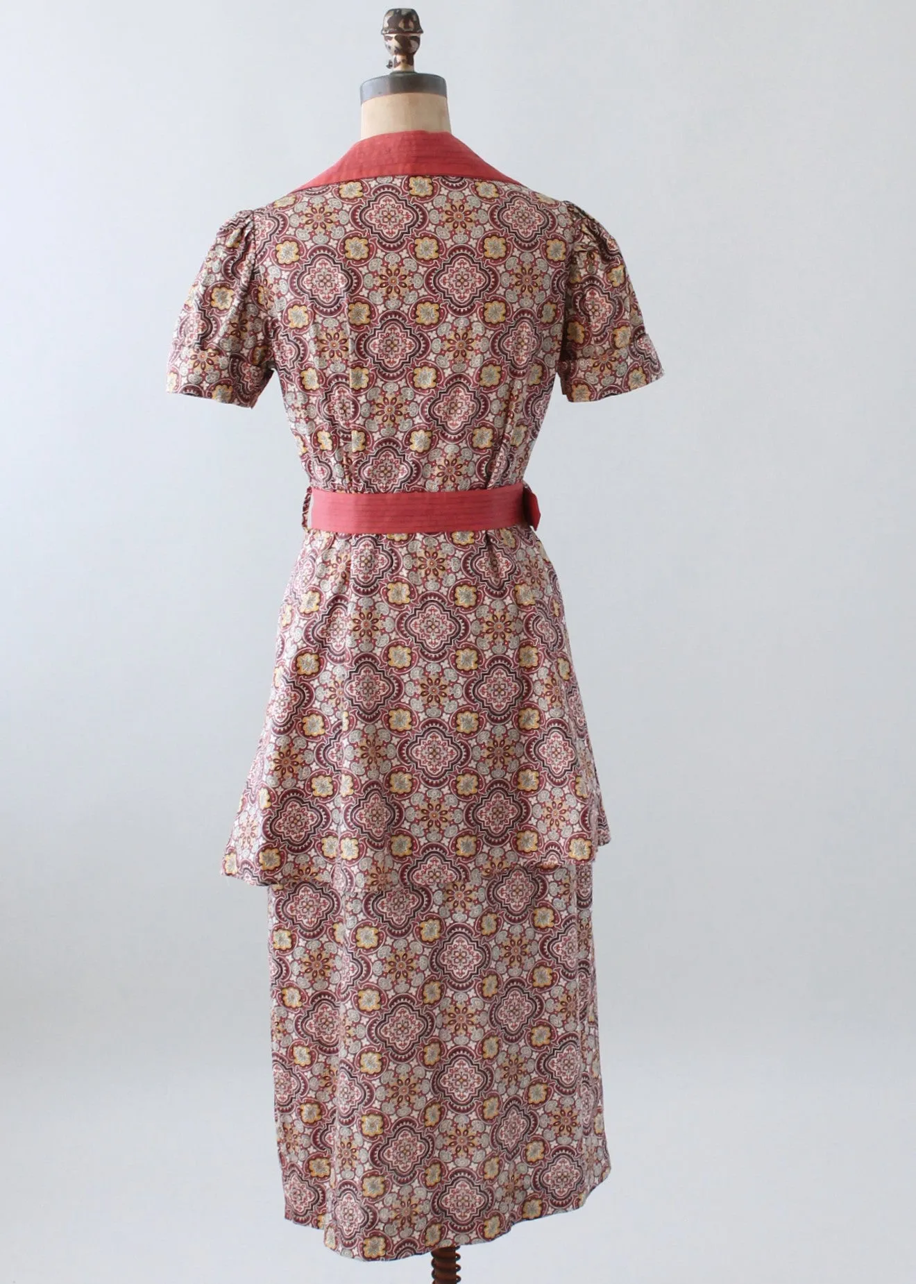 Vintage Mid 1930s Floral Cotton Day Dress with Peplum