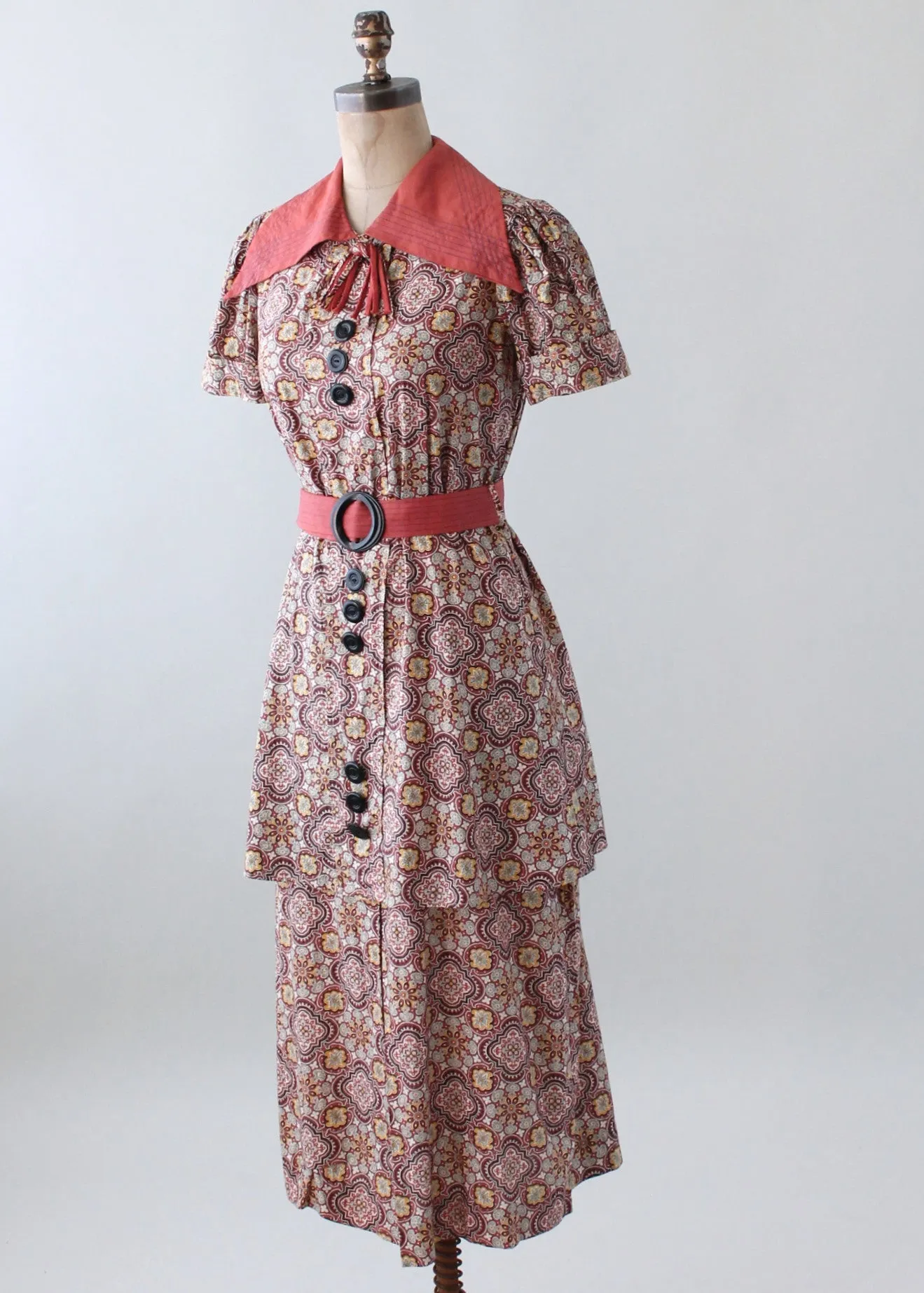 Vintage Mid 1930s Floral Cotton Day Dress with Peplum