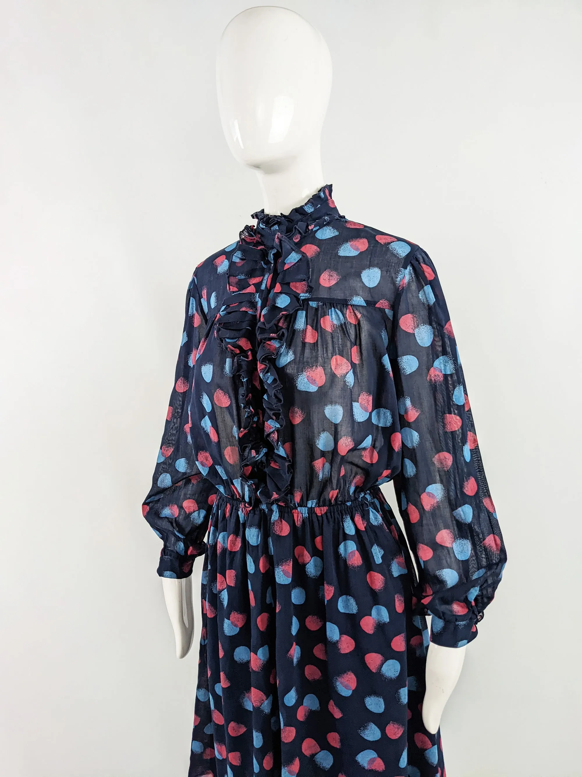 Vintage Navy Blue Sheer Cotton Ruffle Shirt Dress, 1970s