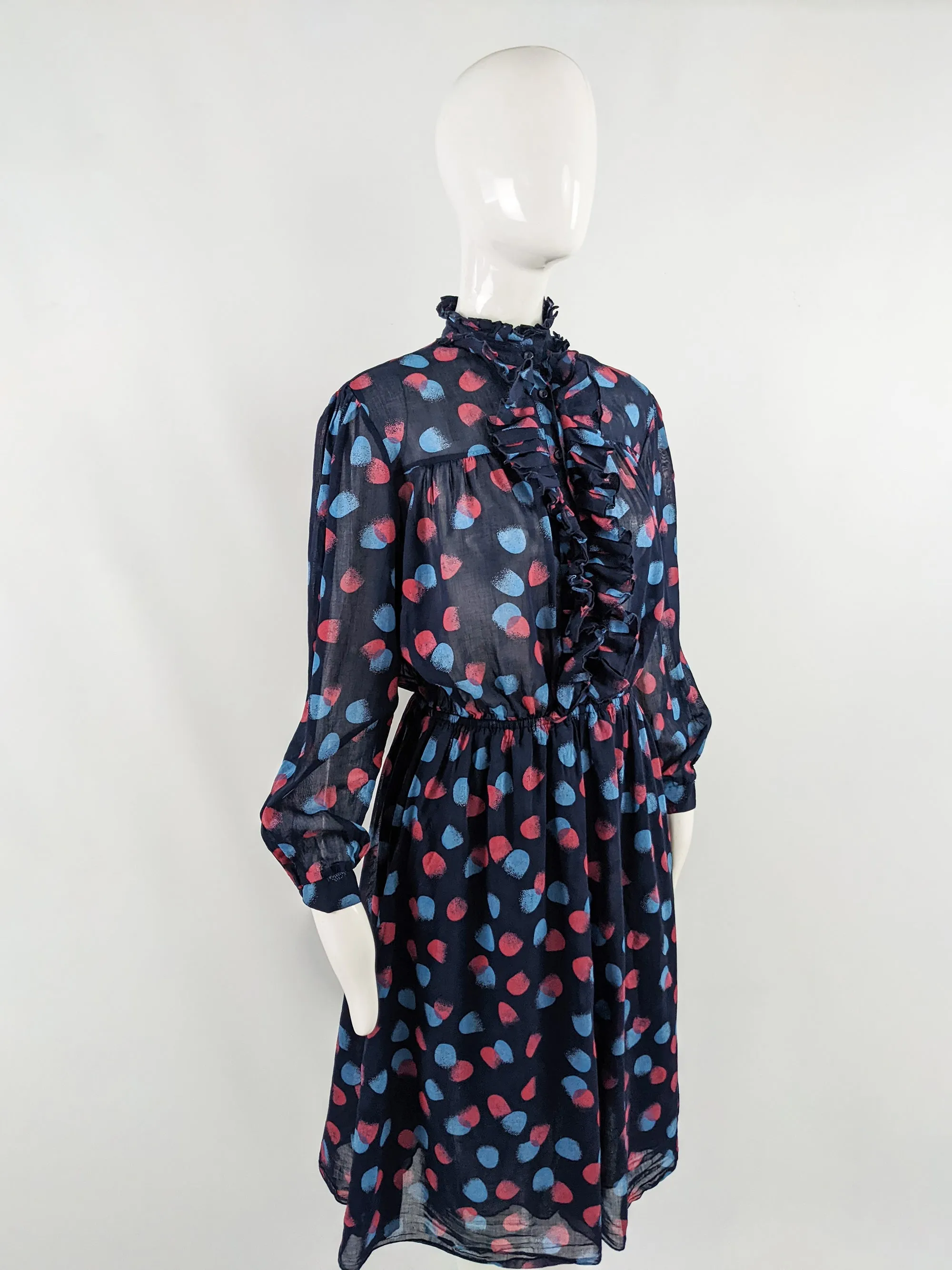 Vintage Navy Blue Sheer Cotton Ruffle Shirt Dress, 1970s