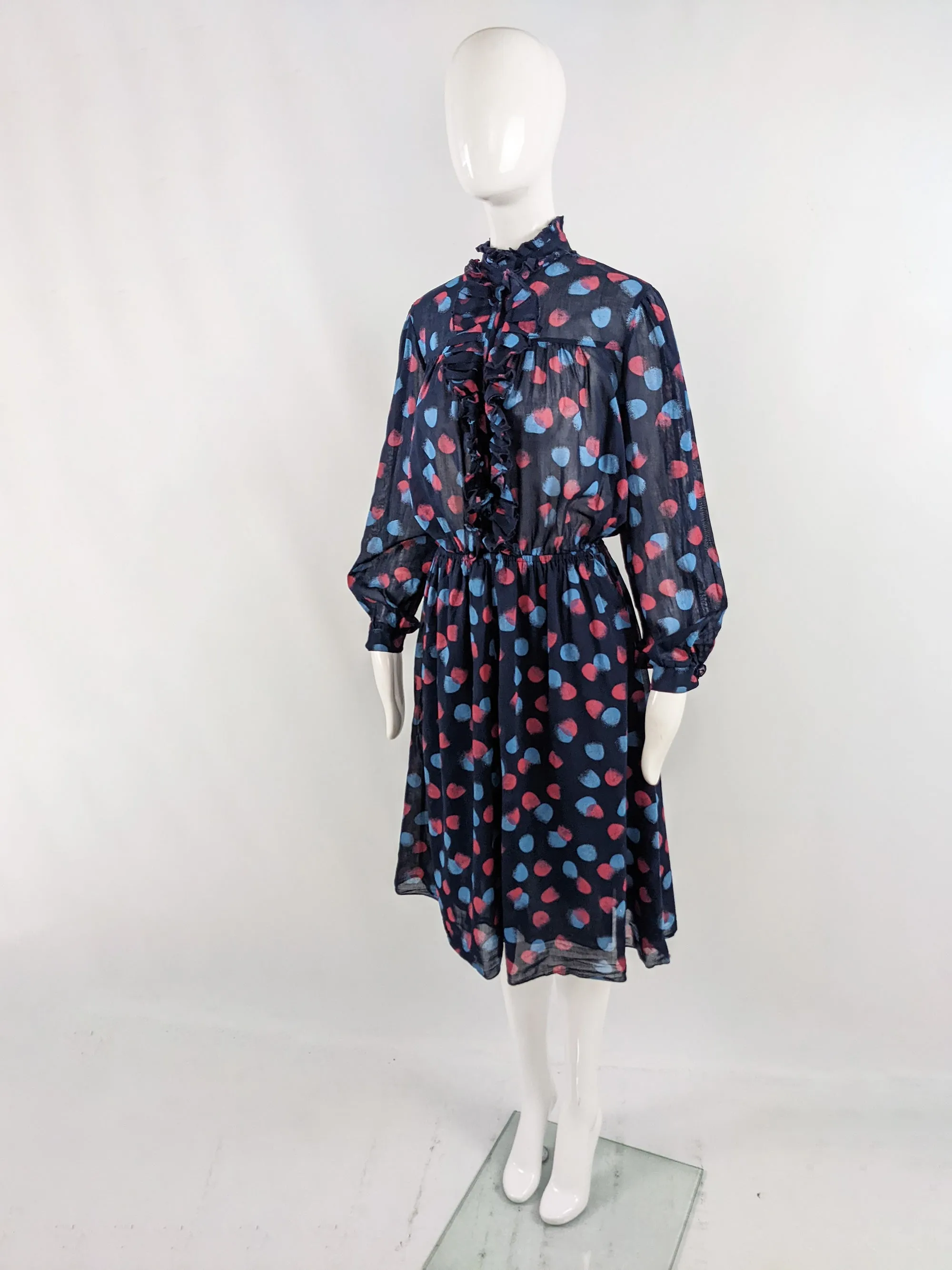 Vintage Navy Blue Sheer Cotton Ruffle Shirt Dress, 1970s