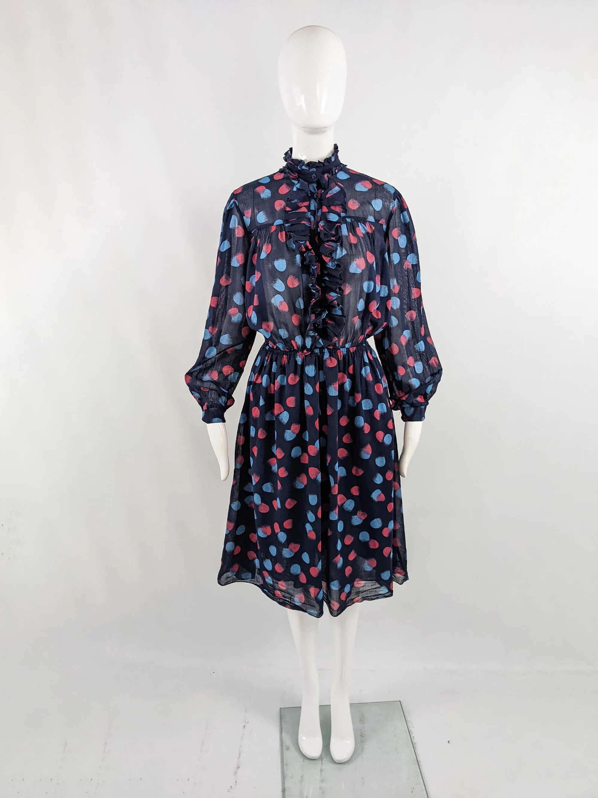 Vintage Navy Blue Sheer Cotton Ruffle Shirt Dress, 1970s