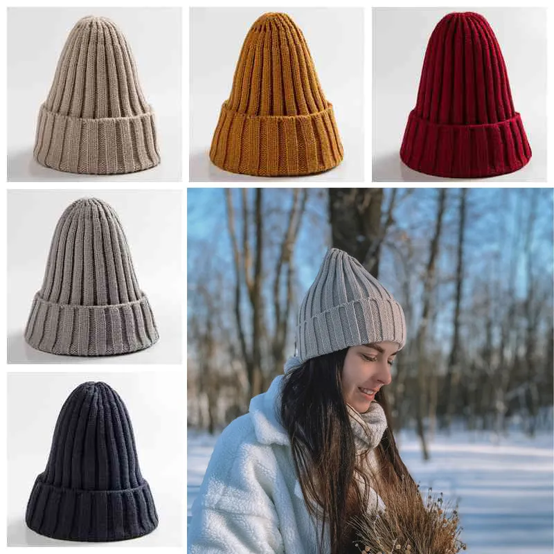 Warm Knitted Beanies Solid Color Retro Knitting Winter Autumn Women Hat Bonnet Ladies Girls Hats Winter Beanie Cap