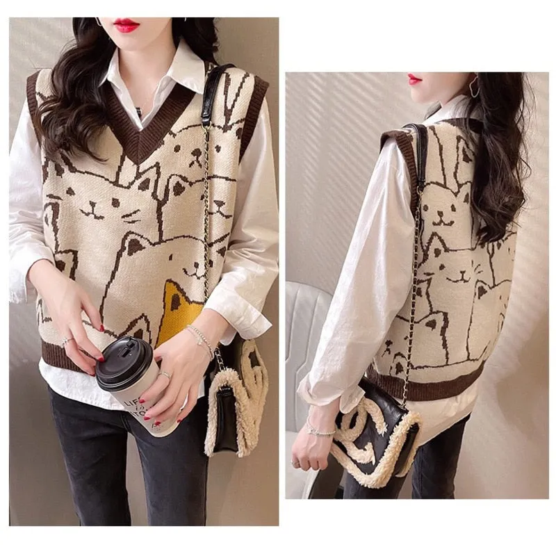 Wenkouban Knitted Sweaters Women Fashion 2022 Autumn Winter Casual Pullovers V-Neck College Style Cat Print Streetwear Knit Vest Sweater