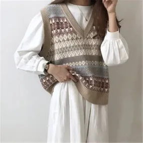 Wenkouban Vintage Argyle V-Neck Knitted Sweater Vest Women Loose Sleeveless Sweater Pullover Autumn Korean Casual Oversized Knit Waistcoat