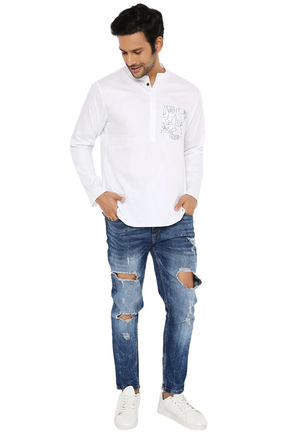 WHITE  ABSTRACT EMBRIODERED SHORT KURTA SET WITH 3 POCKET SHACKET