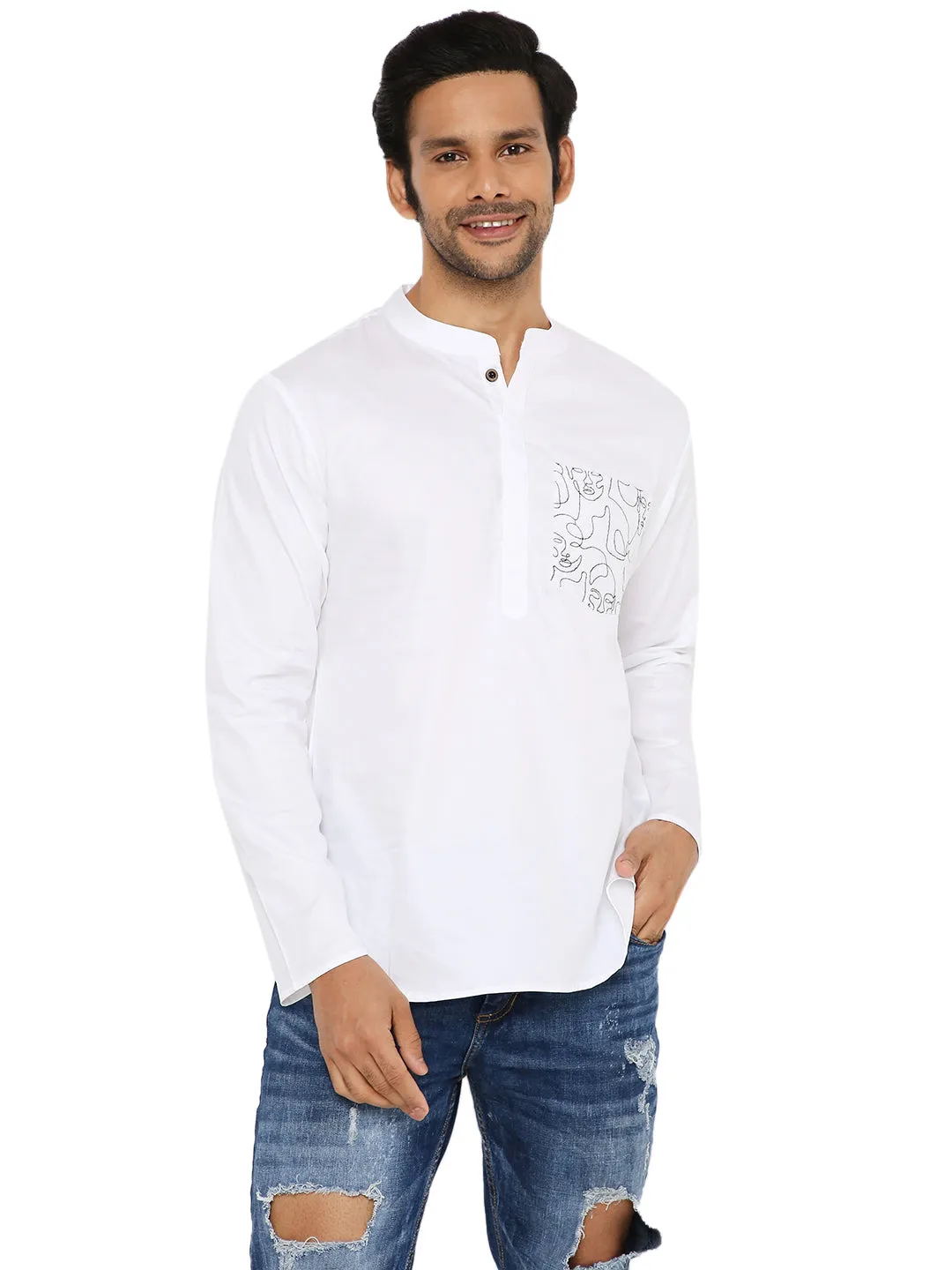 WHITE  ABSTRACT EMBRIODERED SHORT KURTA SET WITH 3 POCKET SHACKET