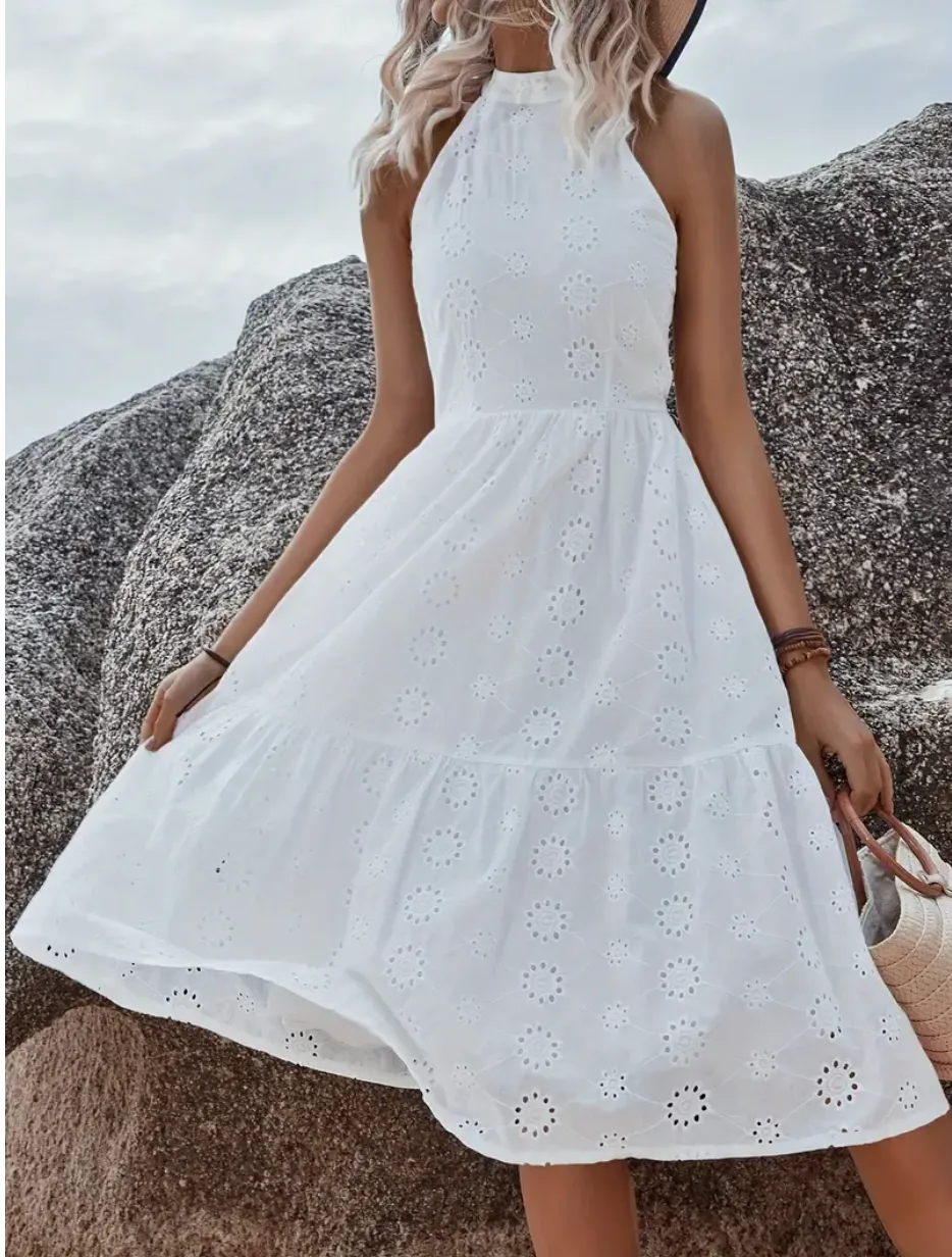 White Dress, Embroidery fabric, Sleevless, Collar  Halter, Over Knee Length