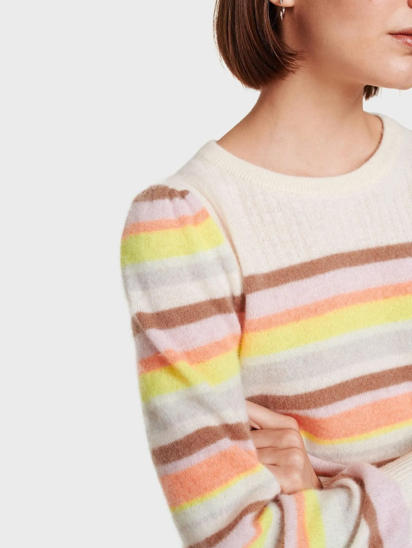 White   Warren - Ribbed Yoke Striped Crewneck in Rainbow Multi