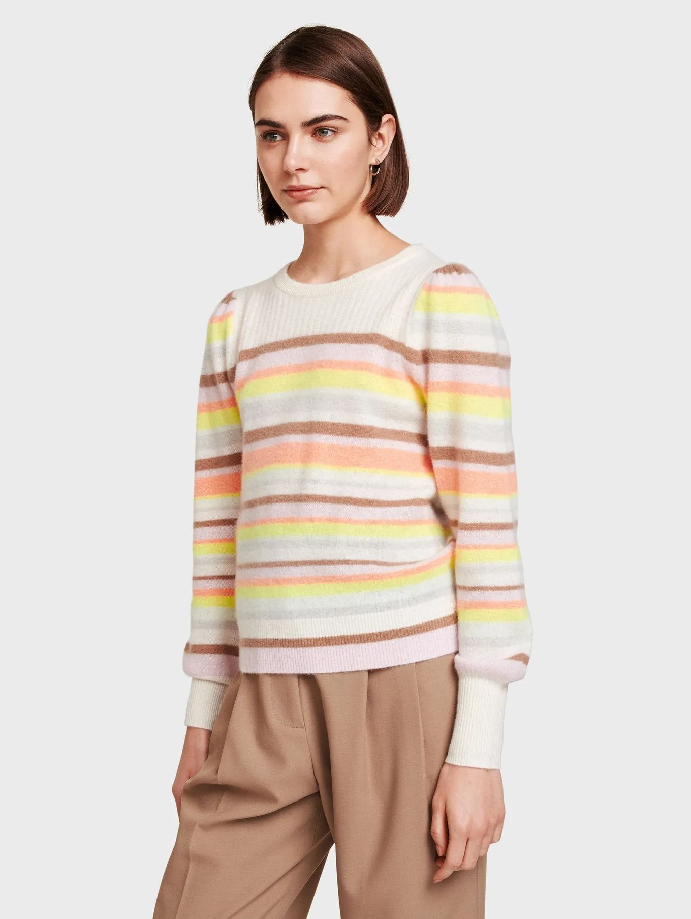 White   Warren - Ribbed Yoke Striped Crewneck in Rainbow Multi