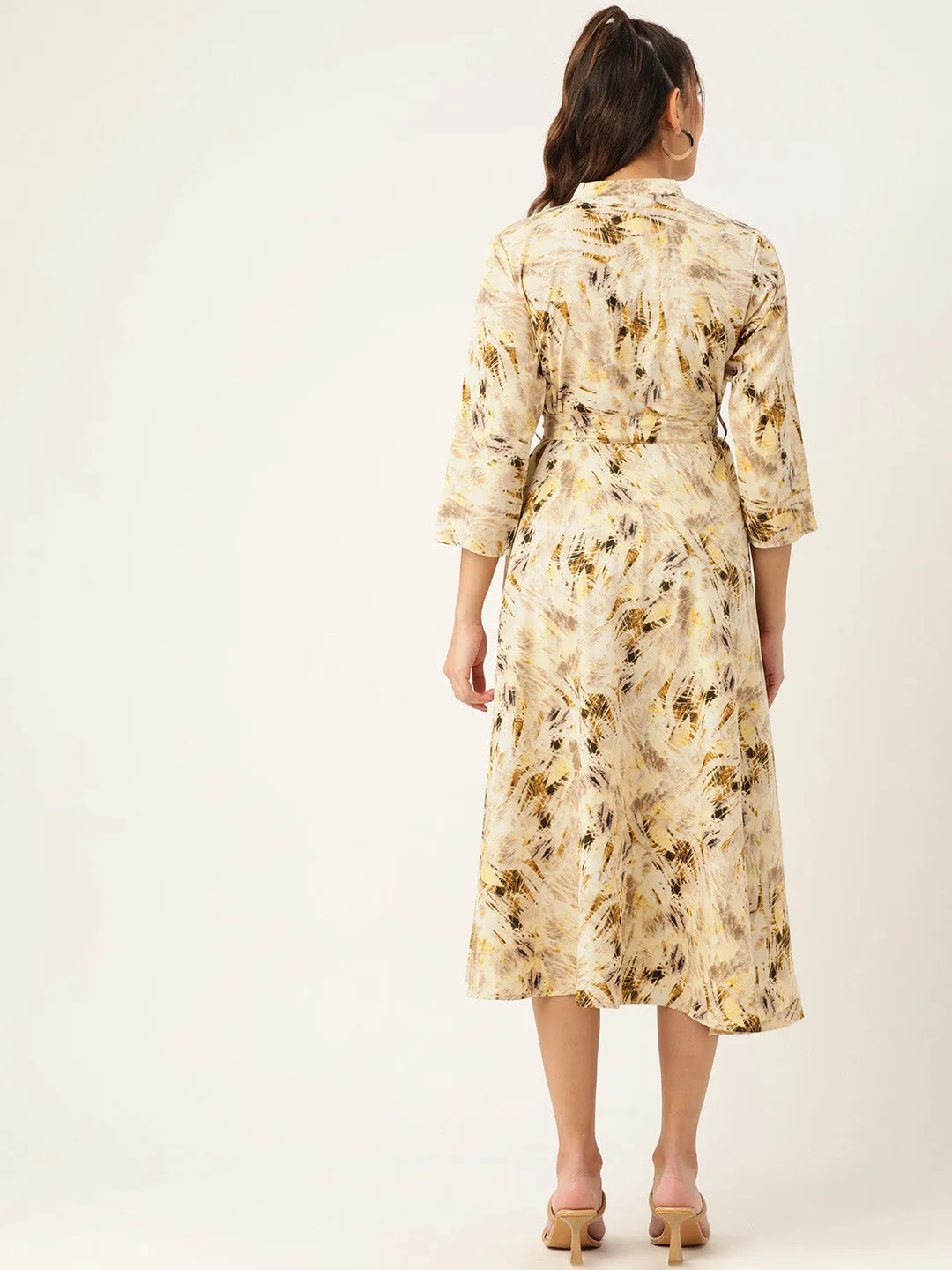 Women Abstract Printed Crepe Shirt Collar Maxi Dress With Belt