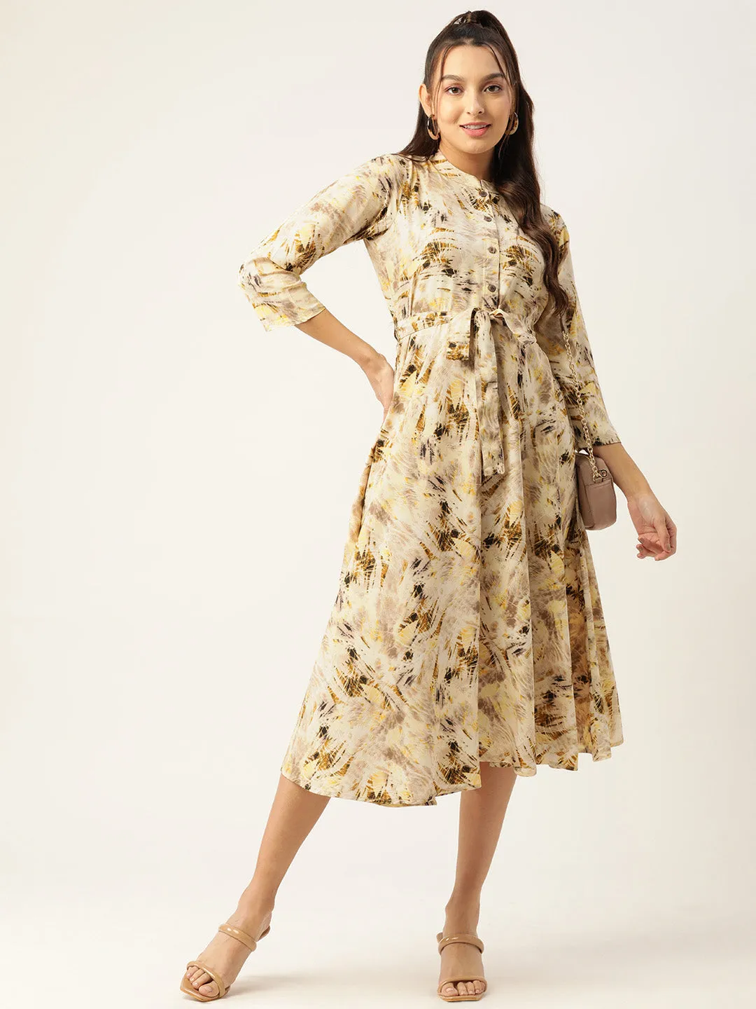 Women Abstract Printed Crepe Shirt Collar Maxi Dress With Belt