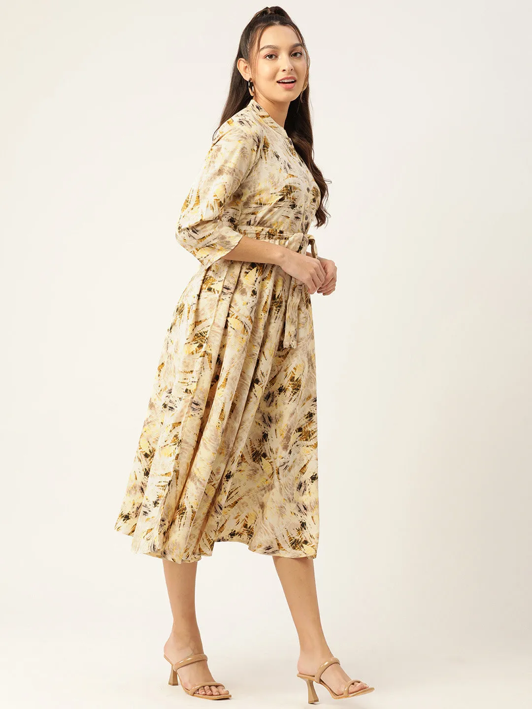 Women Abstract Printed Crepe Shirt Collar Maxi Dress With Belt